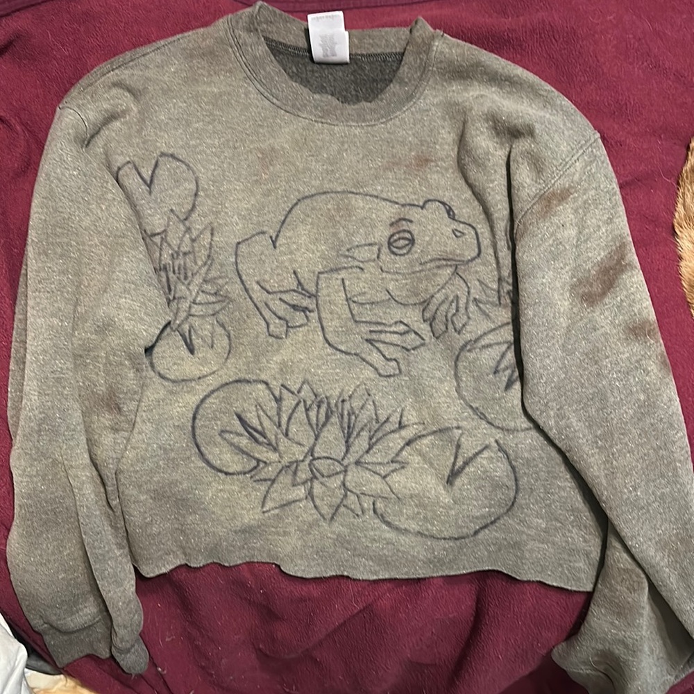 Crop top grey sweater with frog drawn on